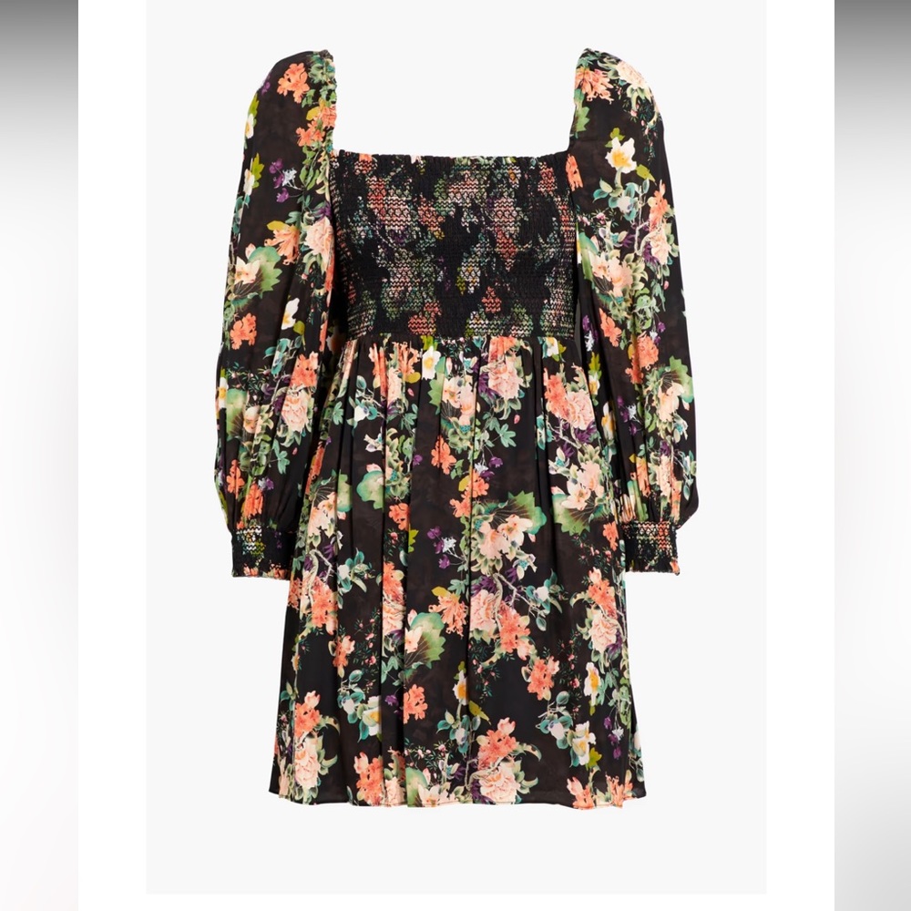 Romance smocked floral-print crepe de chine mini dress